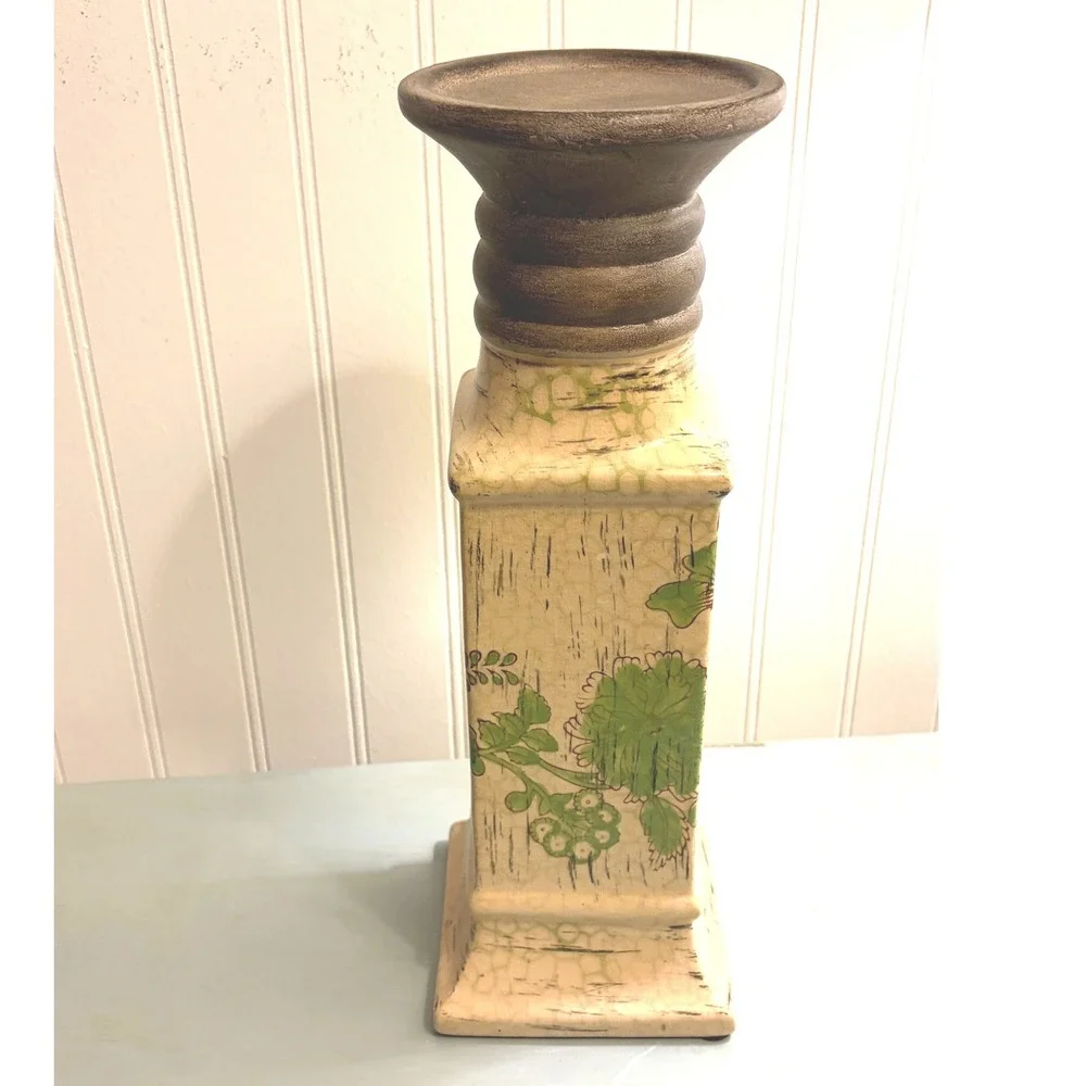 Vintage Style Floral Ceramic Pillar‎ Candle Holder Crackle Glaze Farmhouse 13.5
